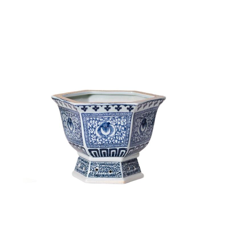 Hexagonal Lotus Flower Bonsai Pot, Blue and White Jingdezhen Ceramic Planter for Orchids and Greenery