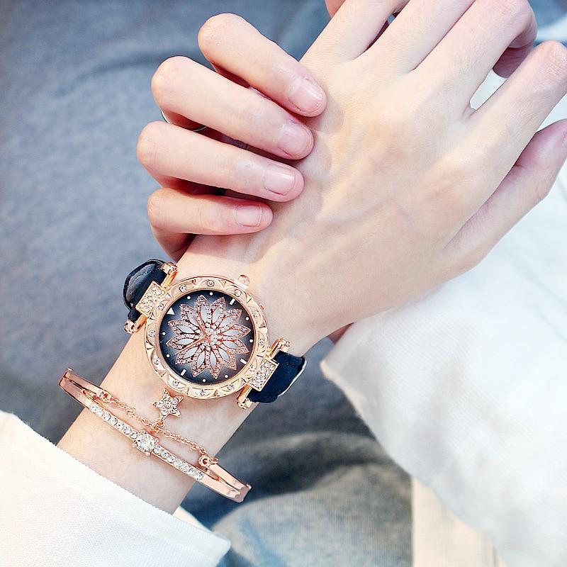 Women Watches Wrist Bracelet Set Starry Sky Ladies Wrist Bracelet Watch Casual Leather Quartz Wristwatch Clock Relogio FemininoCasual Bracelets
