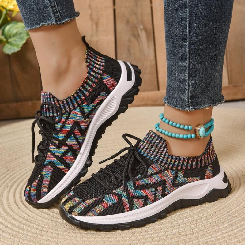 Ladies Outdoor Knitted 2026 New Women's Vulcanize Shoes Breathable Women Sneakers Mixed Colors Lace Up Casual Shoes Flats