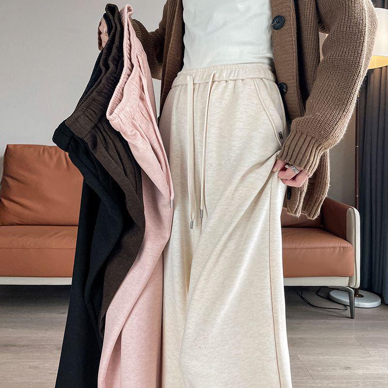 2026 Fall/Winter Off-White High-Waisted Cashmere Wide-Leg Pants with Velvet, Casual Floor-Length for Women