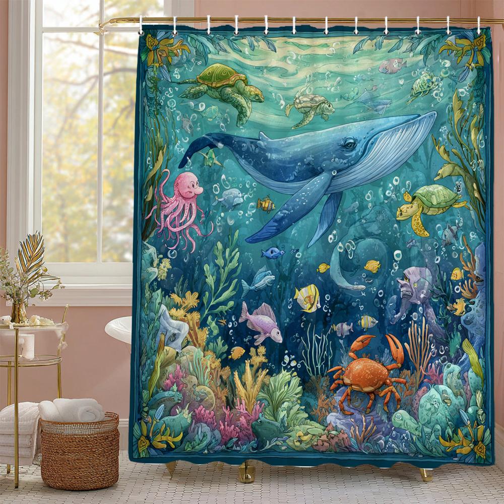 Underwater World Ocean Dolphin Jellyfish Shower Curtain, Bathroom Decorative Shower Curtain, Waterproof Shower Curtain with Hook