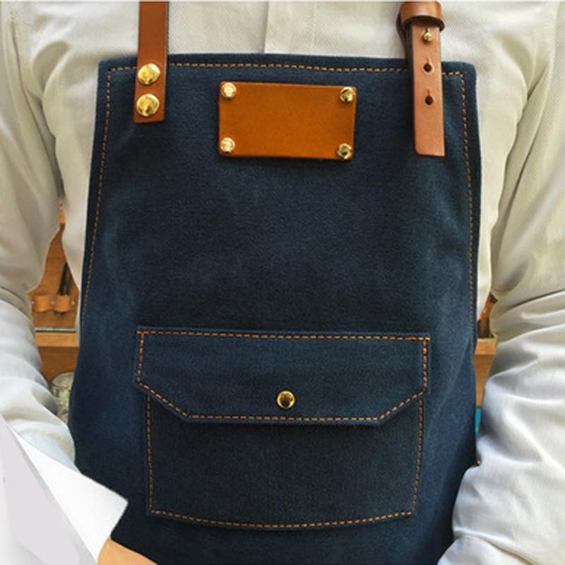 Pracovní džínová zástěra s bryndákem Kožený řemínek Barista Kuchař Holič Pocket Studio Uniforma