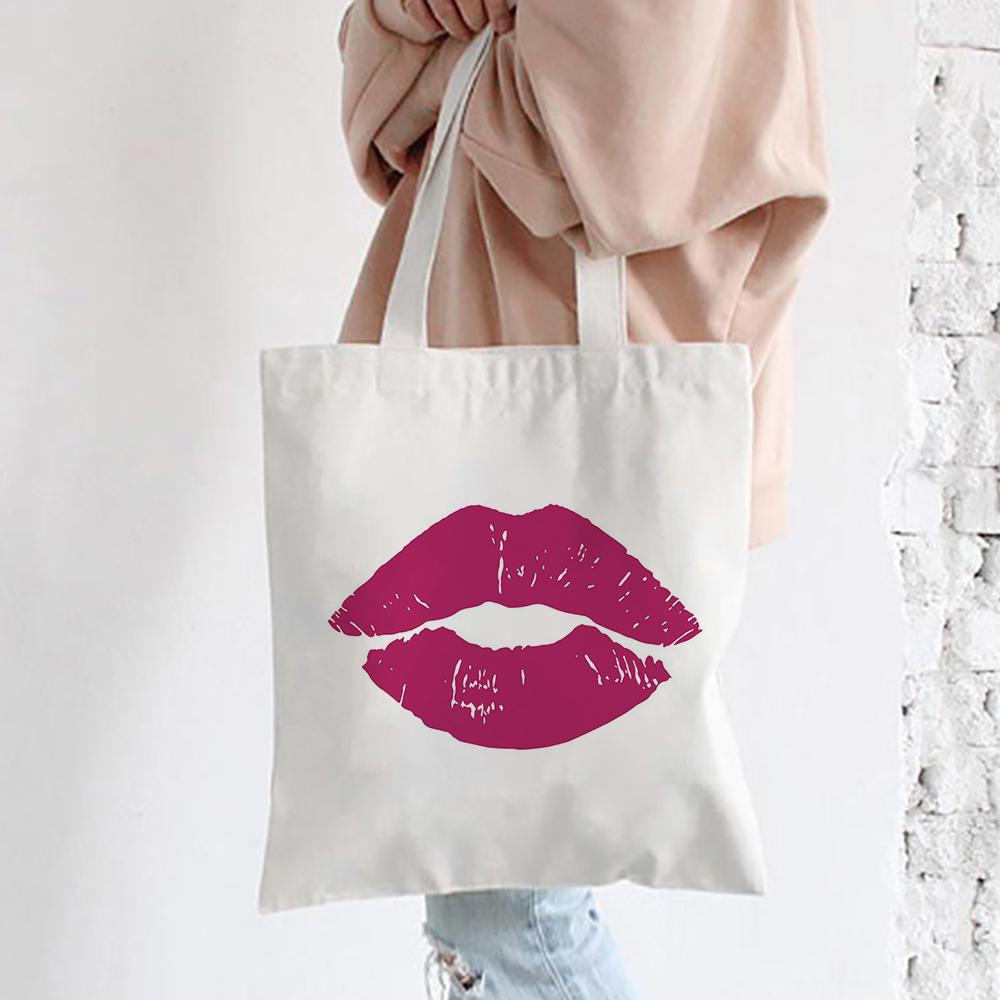 Red Lips Canvas Shoulder Tote Bag For Women Casual Fashion Shopping Bag Large Capacity Handbag Party Travel Orange Best Gifts