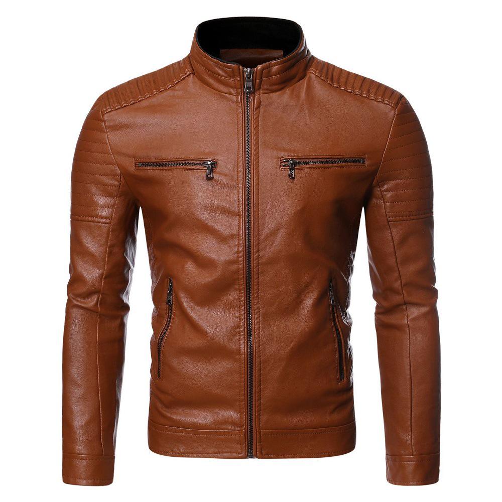 Men's Casual Washed PU Leather Motorcycle Jacket - Slim Fit, Autumn/Winter 2023 Trend