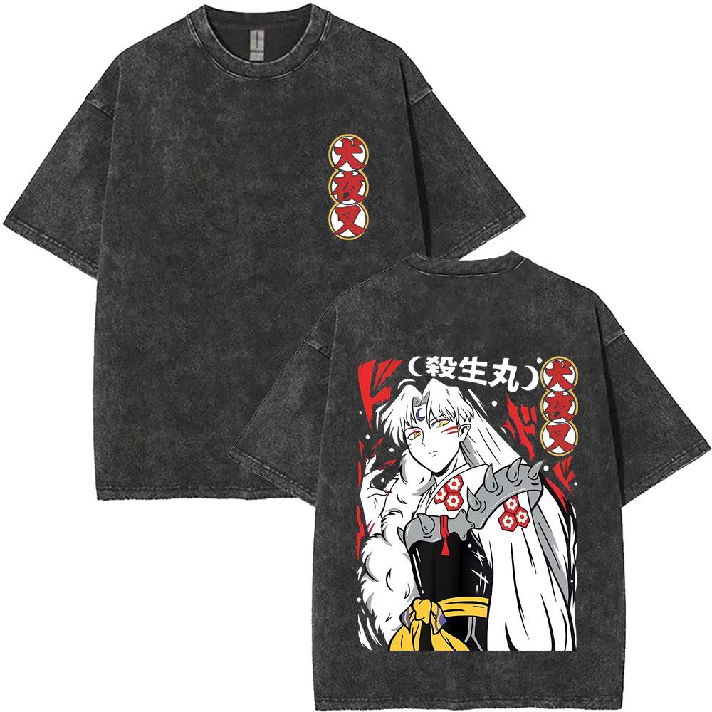 T-shirt Vintage Lavata Anime Inuyasha Sesshomaru Merch Uomo Donna Casual Oversize T-shirt Uomo Divertenti Cartoni Animati Harajuku T-shirt