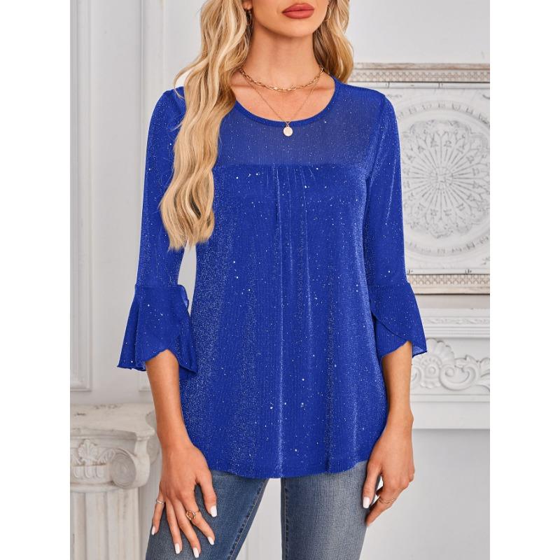 Popular Summer Three-quarter Sleeve Shirt Pleated Bell Sleeves Round Neck Mesh Top