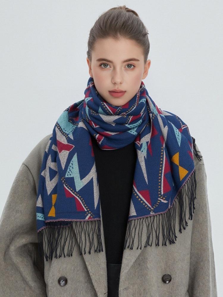 Women Retro Print Knitted Scarf Headscarf Elegant Lady Casual Tassel Warm Scarve Mujer Foulard Long Wrap Shawl Winter New