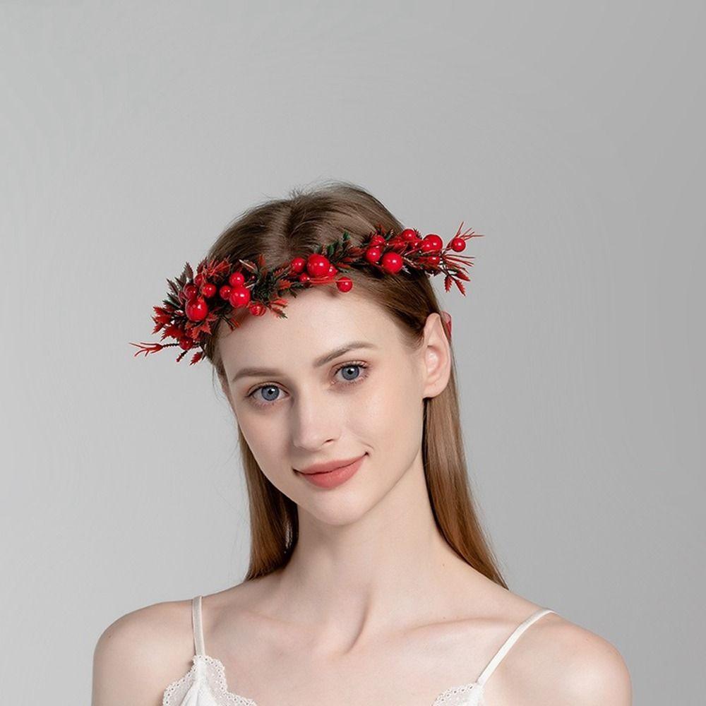 Party Hairband Cloth Crown Flower Headband Wreath Decoration Red Berry Garland Women Headwear