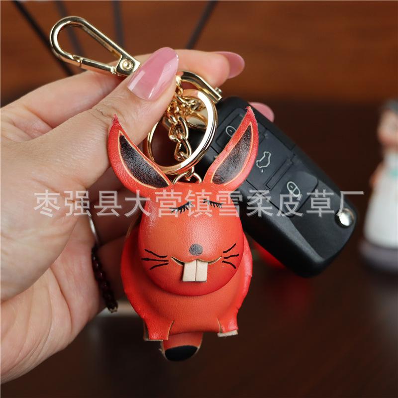 The First Layer Of Cowhide Bunny Pendant, Car Keychain, Leather Rope, Bag, Pendant, Accessories, Zodiac Gifts.