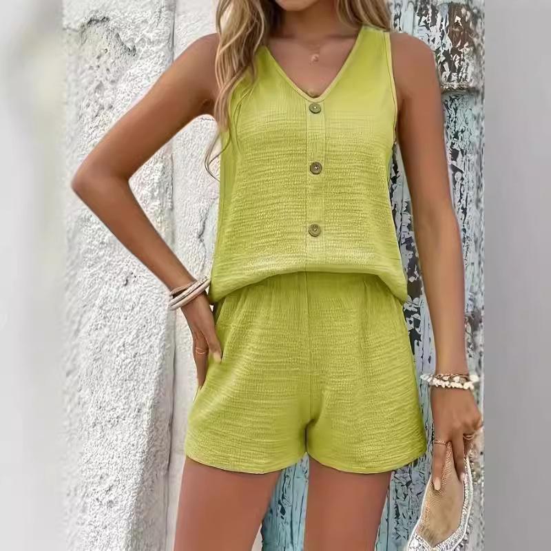 Summer Women's 2 Pieces Sets Casual Vest Shorts Suit V-Neck Buttons Vest High Waist Wide Leg Shorts Sets for Women Clothing
