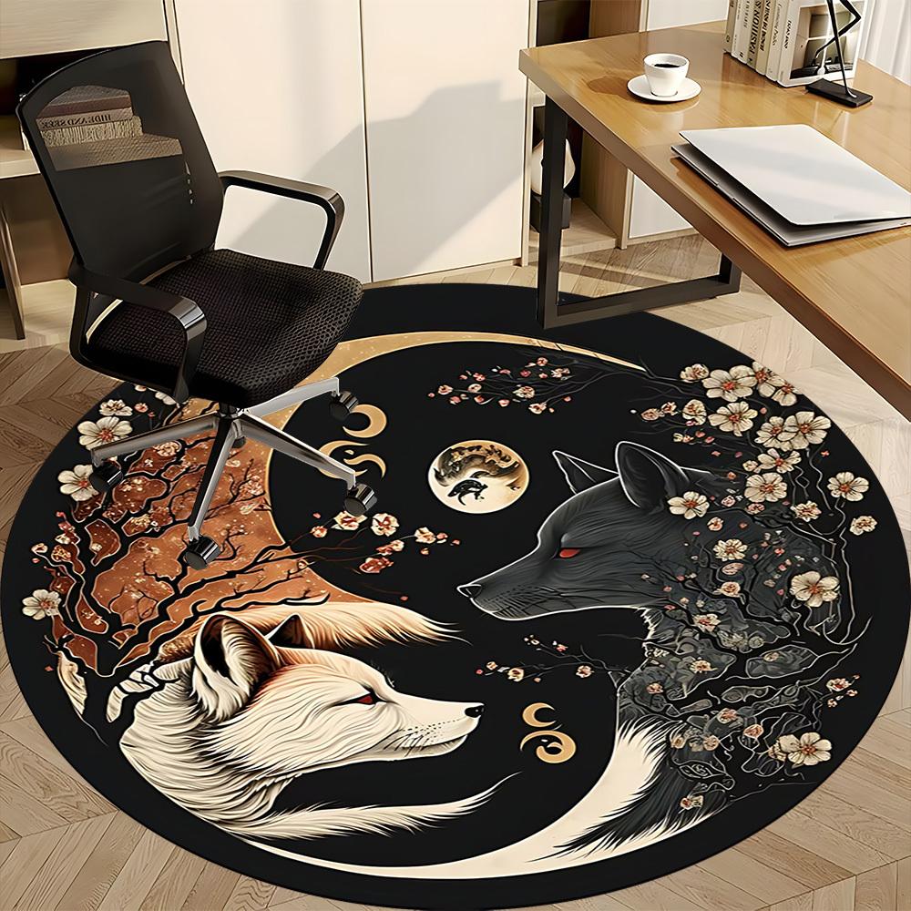 1pc Wolf Moon Office Round Area Rug, Indoor Mat Suitable For Office, Under Office Chairs Bedroom Living Room Home Decor, Room Deco