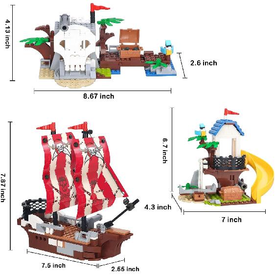 3in1 Pirate Ship Building Set with Treasure Island, Toy Pirates Island Building Kit, Outpost with Slide and Seesaw, Creative Playset Pirates Themed