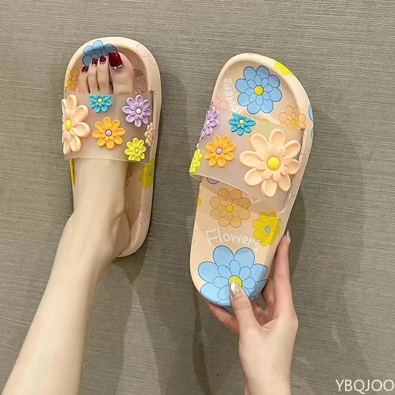 Ladies' Slippers Summer Sunflower New Flat Bottomed Bathroom Anti Slip Outer Wear Couple Soft Soled Beach Sandals Flat Bottomed