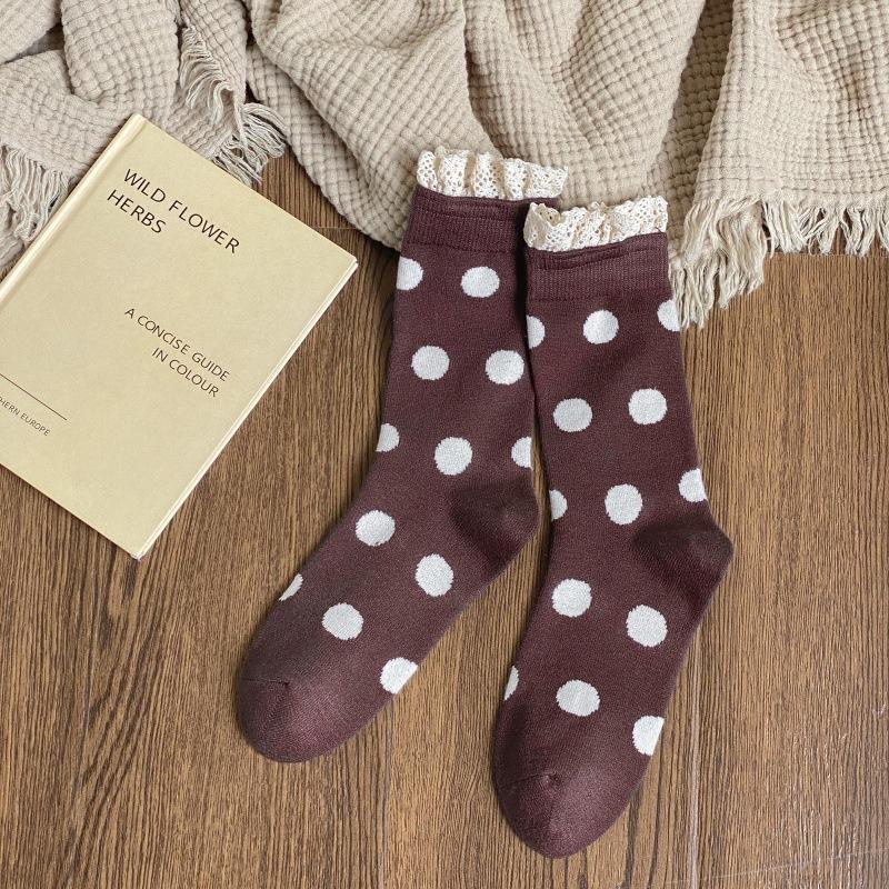 1 Paio Calzini Lolita con Volant di Pizzo da Donna Pois Retro Streetwear Calzini a Tubo Medio Moda Ragazze Dolci Kawaii Carini Calzini Lunghi