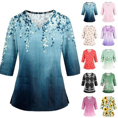Women's Floral Print V-Neck Scrub Top with Pockets and Side Slits Three-Quarter Sleeve