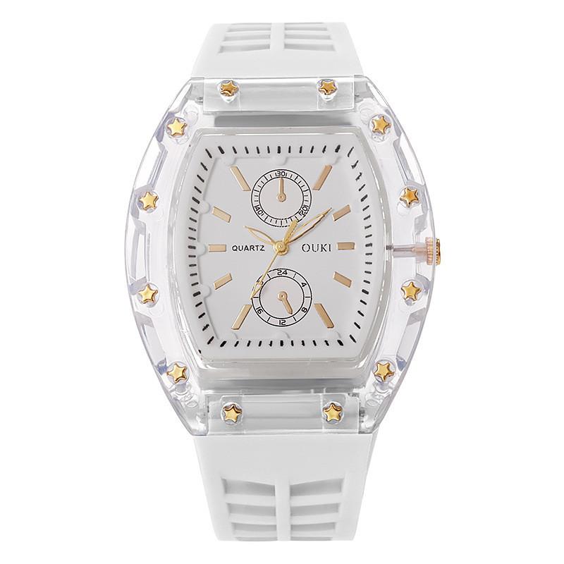 Transparent Barrel Shape Watch With Quartz Movement Casual Mens Silicone Strap For Daily Wear