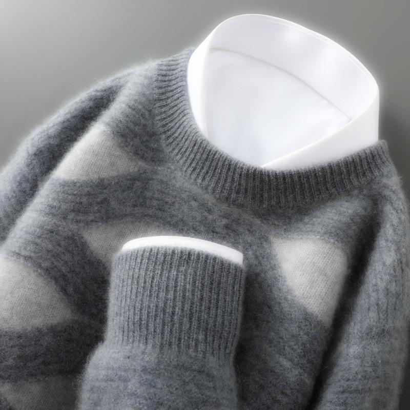 Men s 100% Wool Color Block Round Neck Thick Sweater - 2025 Autumn/Winter Medium
