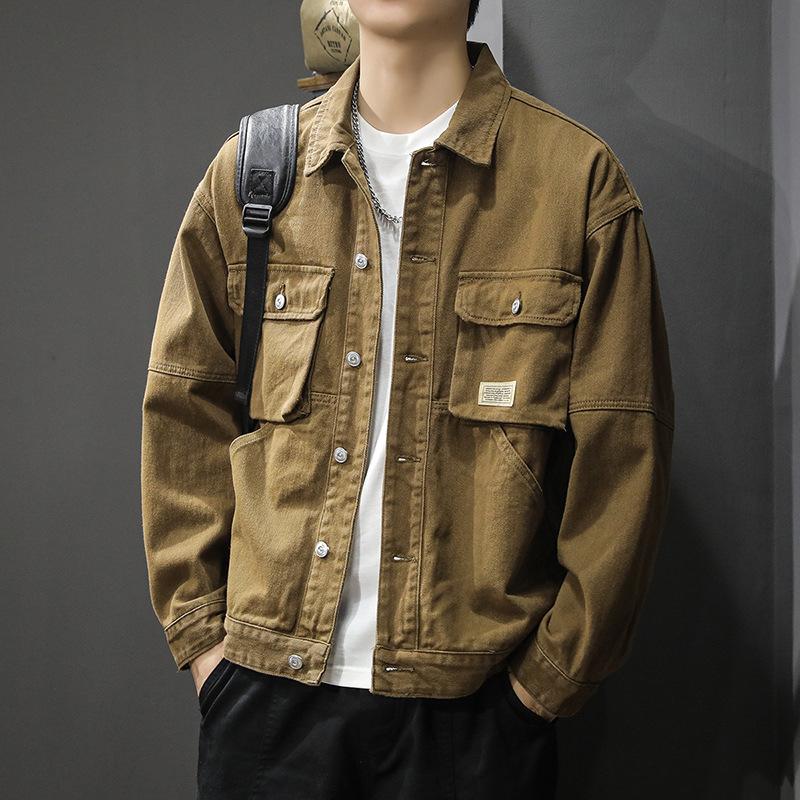 Japanese Multi-Pocket Tooling Denim Jacket Men'S American Retro Mountain Trend Handsome Velvet Casual Jacket