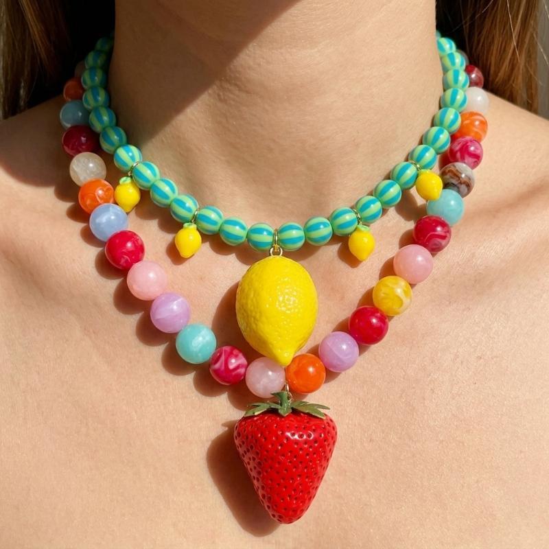 Affordable Summer Fruit Bead Necklace Colorful Lemon Strawberry Pendant Nice Jewelry for Little Sister Birthday Gift