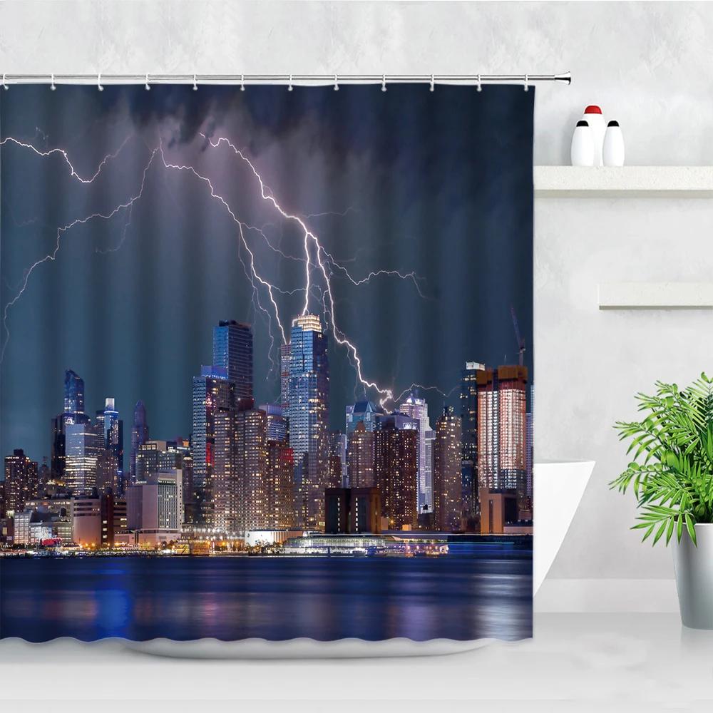 Black White New York City Scenery Shower Curtains Set 3D Building Home Wall Backdrop Decor Nordic Polyester Bathroom Bath Screen