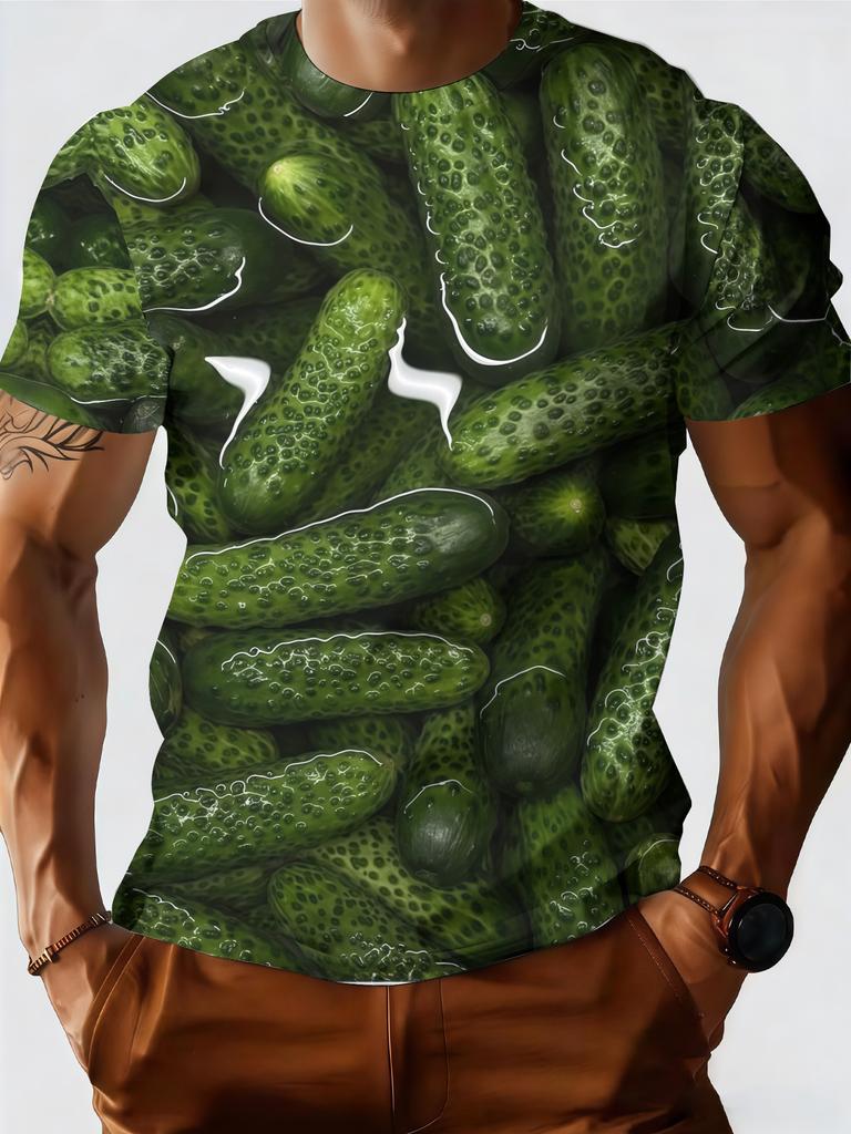 3D Summer New Cucumber Party Short Sleeve Digital Print Design T-Shirt, Trendy Men's Casual Fashion Top