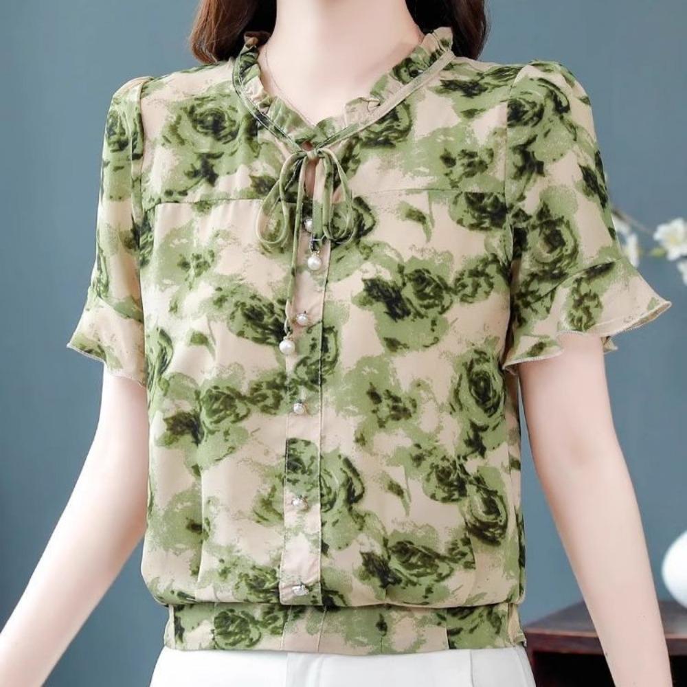 

Модная женская блузка с короткими рукавами с цветочным принтом, свободного кроя, приталенная L зелёный