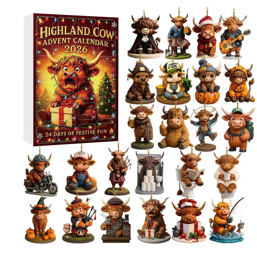 2026 New Highland Cow Figures Advent Calendar , 24PCS Decorative Hanging Ornament Countdown Calendar Christmas Gift Supplies