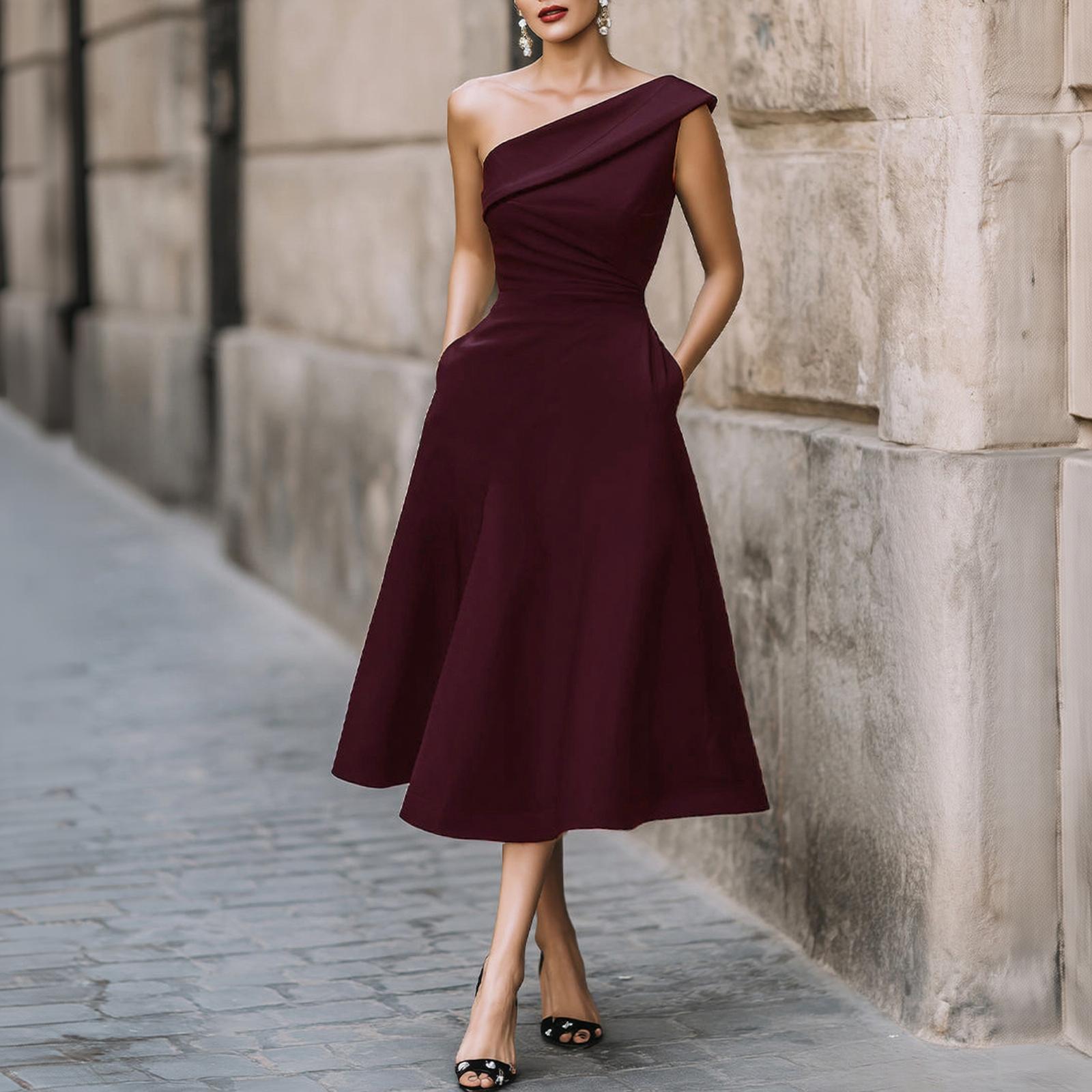 Women One Shoulder Dress Sleeveless Waist Cinched Flared Hem Midi Dress Elegant Evening Party Dress M