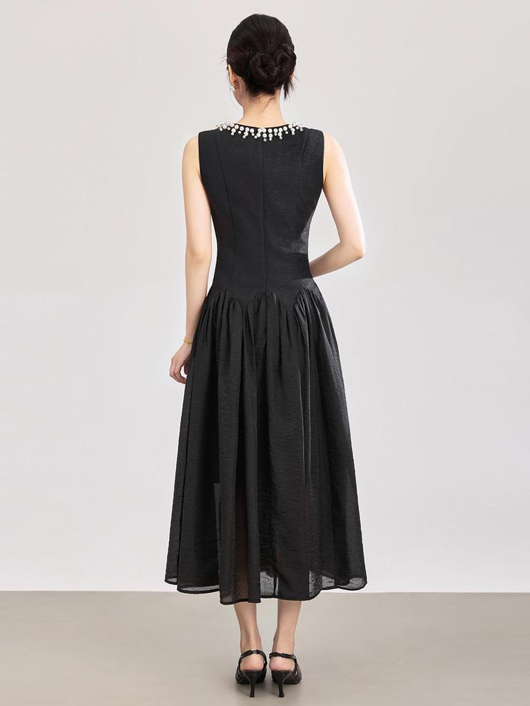 High-Quality Beaded Tencel Crepe Waist-Cinched French Aristocratic Style Tea Party Dress for Women