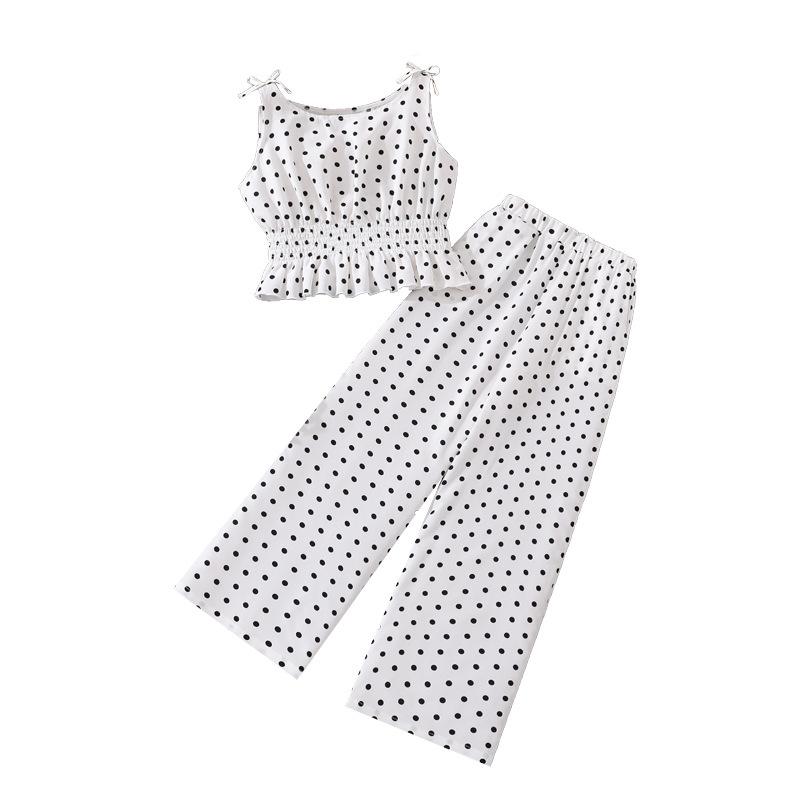 Children's Fashion Polka Dot Print Bow Halter Top Wide-leg Pants Set Autumn Girls' Sweet Set