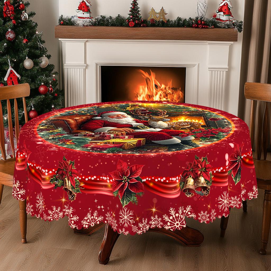 Christmas Vintage Farmhouse Tablecloth with Santa, Reindeer & Xmas Tree Prints. Rectangular & Round Sizes for Xmas/New Year Parties, Kitchen, Indoor &