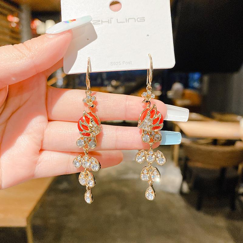 Fashion Atmospheric Red Velvet Bow Earrings Femininity Sweet Flower Long Fringed Versatile Earrings