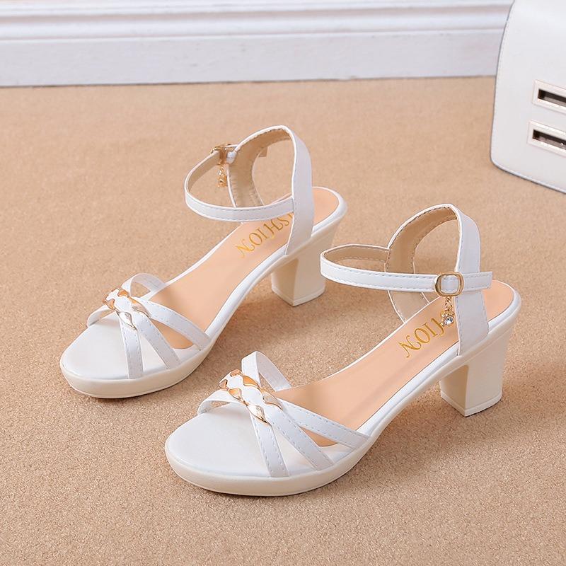Summer New High Heels Women's Fashion Style Hollow Open Toe One-word Buckle Strap Thick Heel Sandals Women