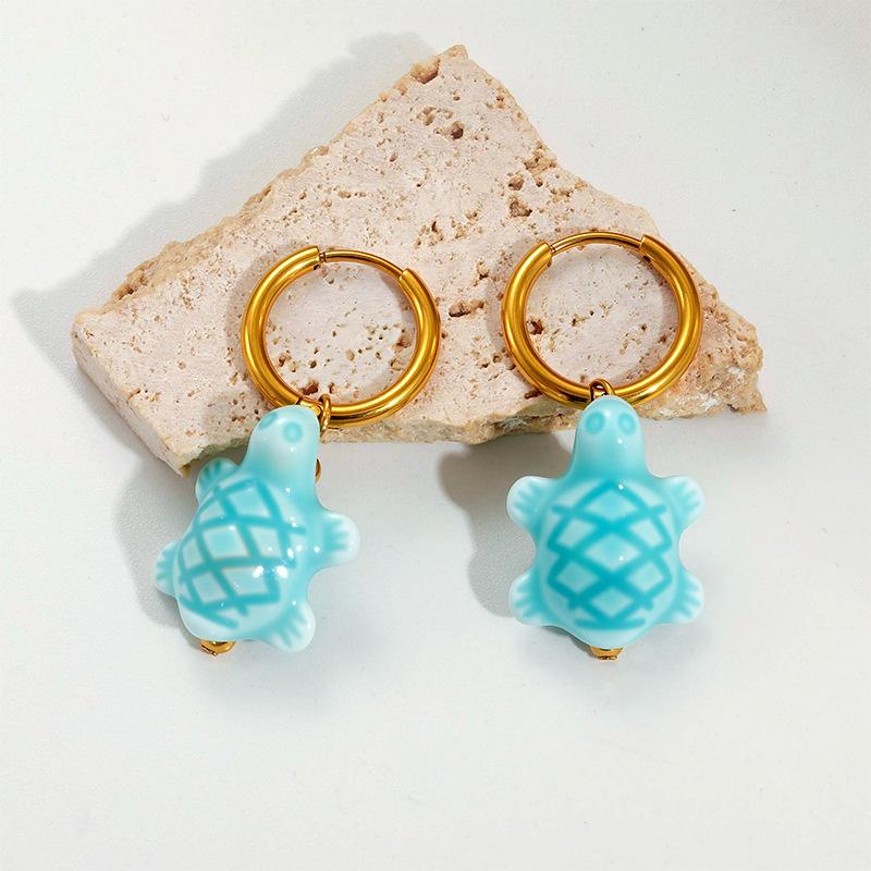 Ceramic Dopamine Fish Starfish Earrings For Women Colorful Vibrant Pendant Youthful Stainless Steel Jewelry Gift