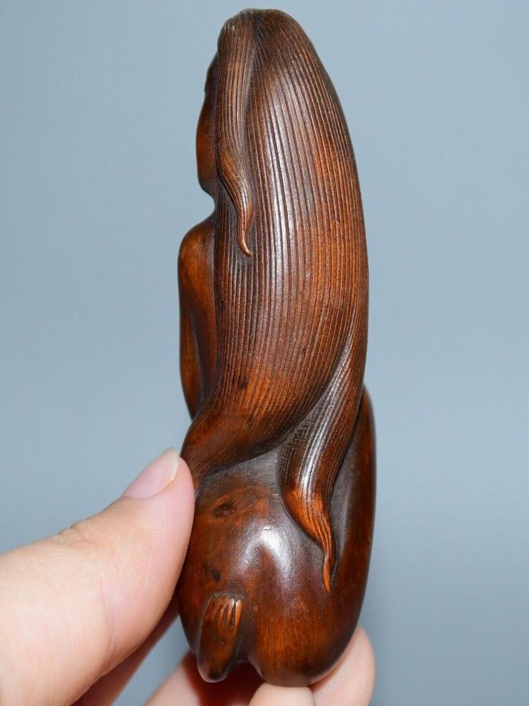 Chinese Boxwood Wood Carving Sexy Woman Figure Statue Wooden Sculpture Decor Art