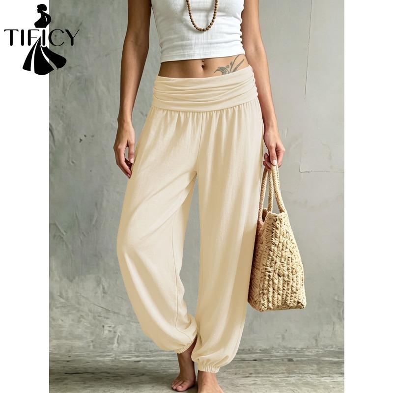 TIFICY Damesmode Casual Effen Kleur Print Hoge Taille Broek Broek & Capri's