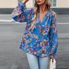 Elegant Floral Blouse for Women V Neck Lantern Sleeve Button Top Autumn Shirt