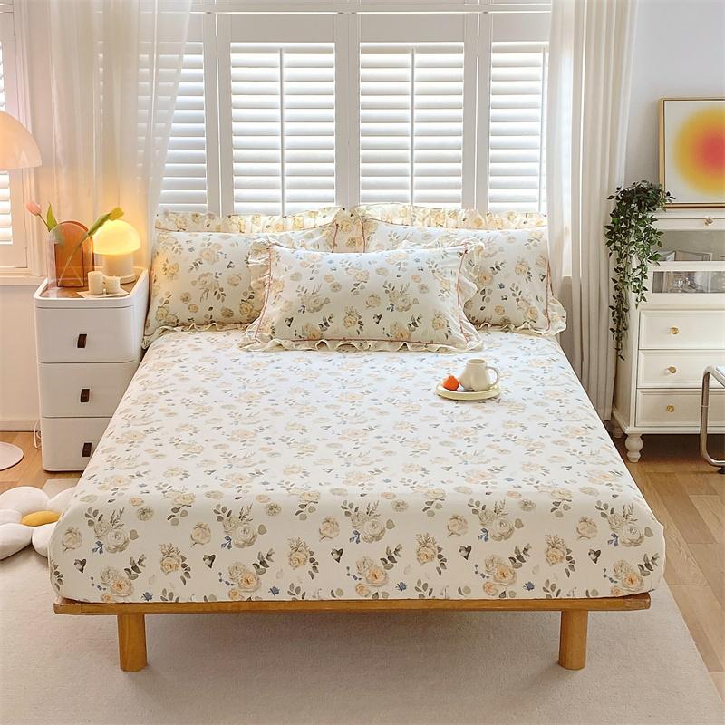 Bonenjoy 1 Pc 100%Cotton Fitted Sheet Floral Flower Printed Bed Cover With Elastaic Queen/King Size Bed Fitted Sheet 180X200Cm
