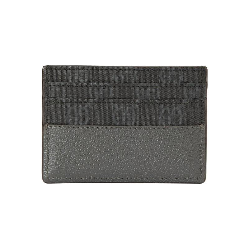 Gucci GG Supreme card holder with hollow interlocking double G canvas and leather piping, men's black and gray