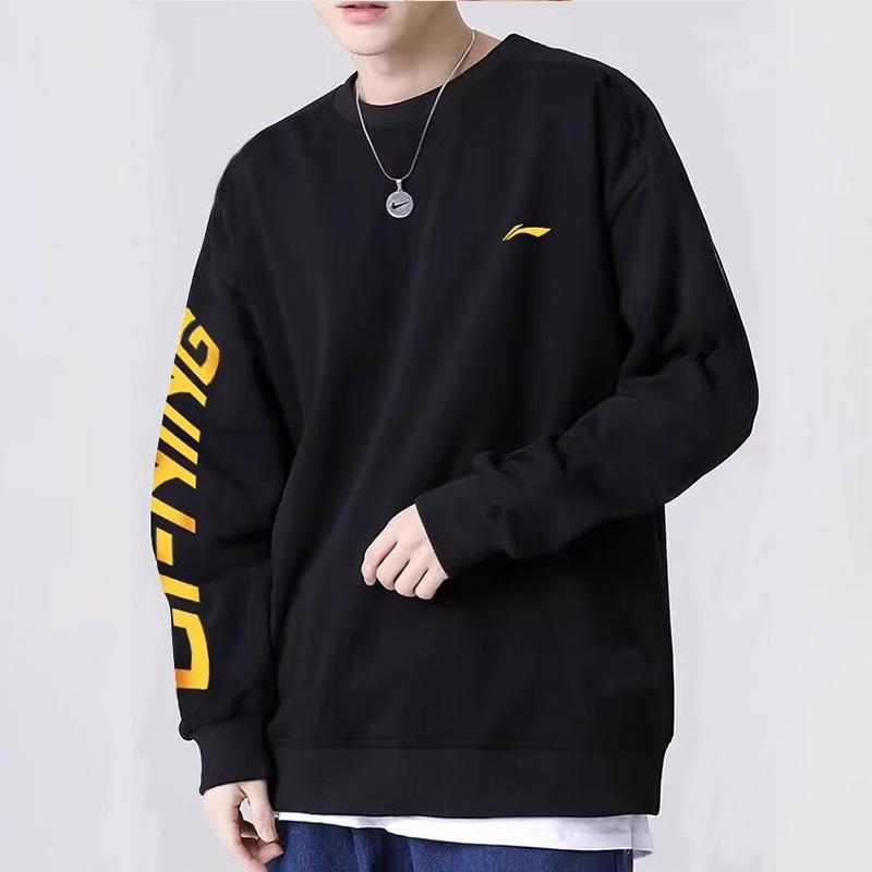 Li Ning Brand Logo Couple Casual Sports Round Neck Pullover Long Sleeve Fleece Sweatshirt Unisex Sweatshirt Black YWDT533-2
