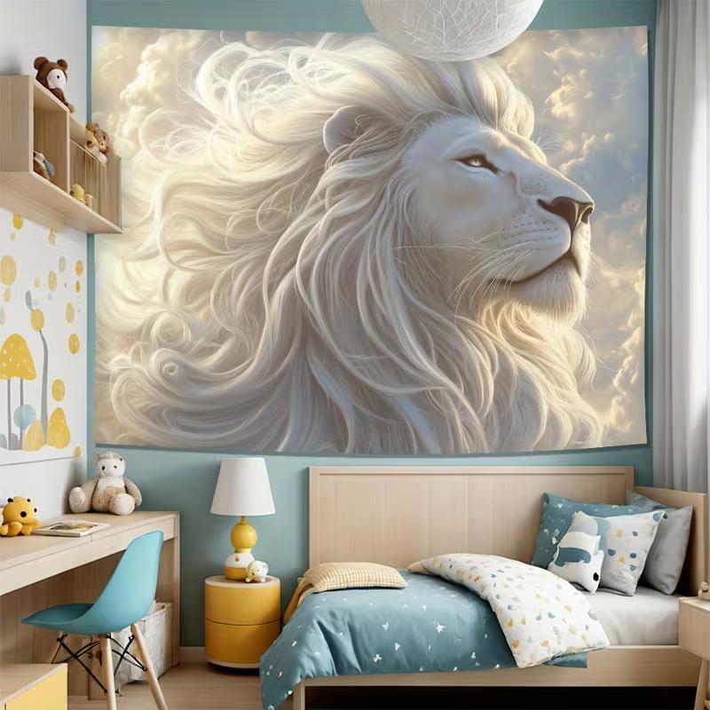 2D Majestic Lion Head Tapestry, Fantasy White Lion with Flowing Mane Wall Art for Home Decor