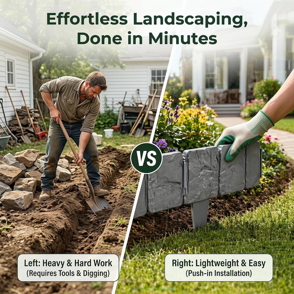 Imitation Stone Garden Fence,No Dig Landscape Edging,Faux Stone Garden Edging Border,Interlocking Landscape Border Panels