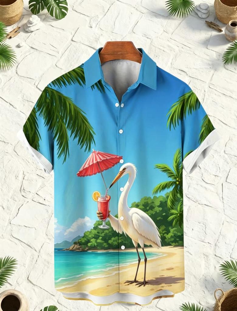Men's Beach Anthropomorphic Animal Printed Short Sleeved shirt, Suitable For Beach Vacations And Summer Travel