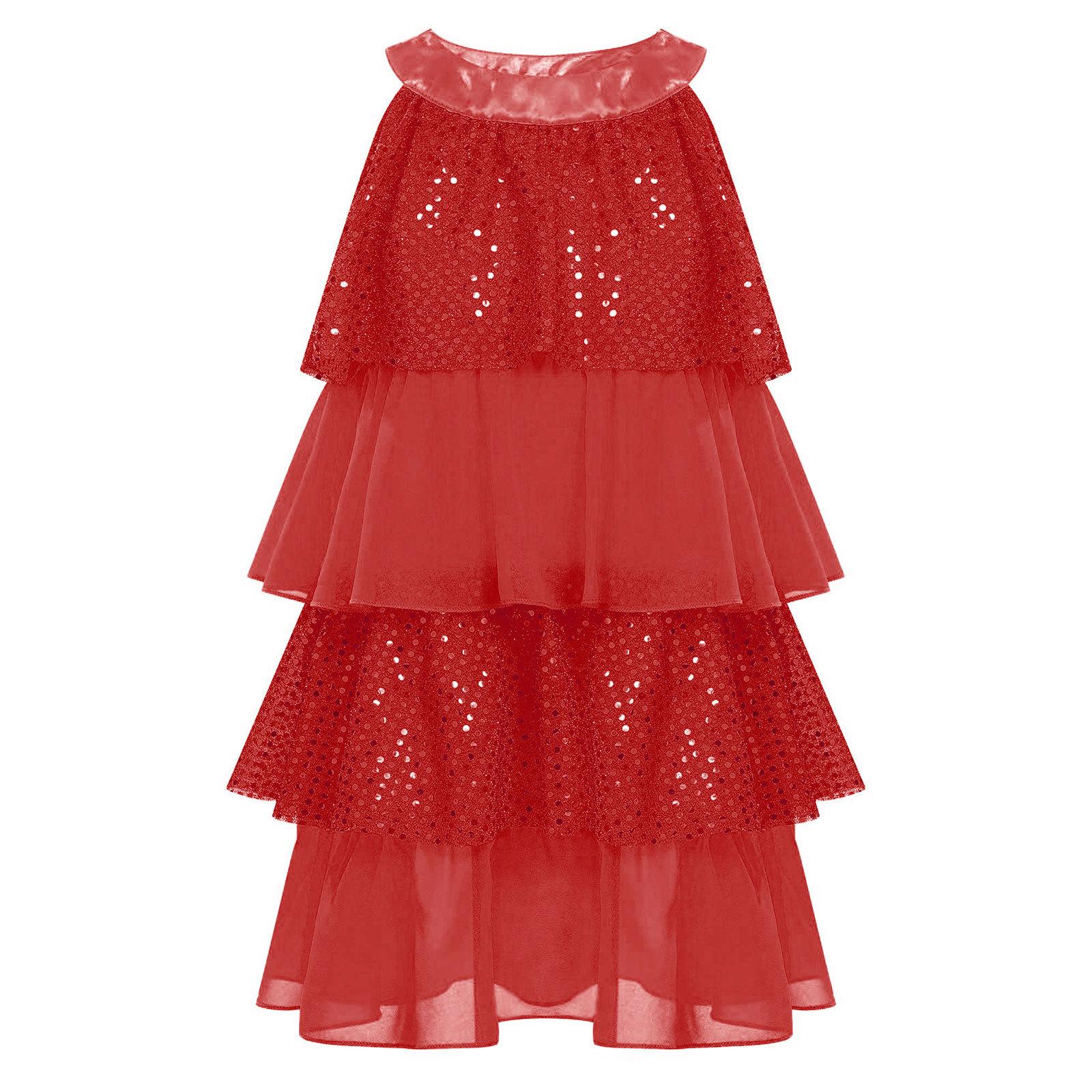 

Girls Sparkly Performance Dress Tiered Ruffled Design Patchwork A-Line Sleeveless Jazz Latin Dance Costume 5-6 Years червоний