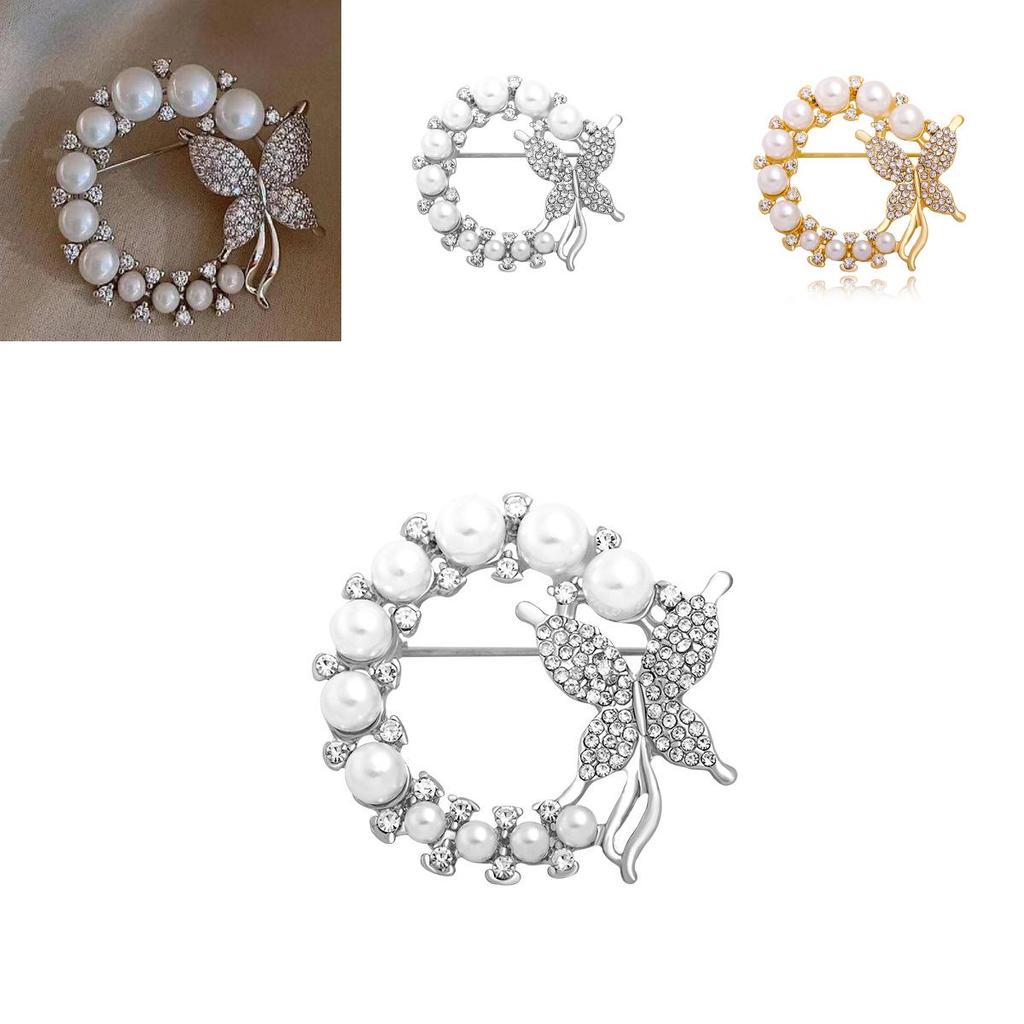 Stylish And Elegant Silver And Gold Butterfly Brooch With Rhinestones And Pearls For Women