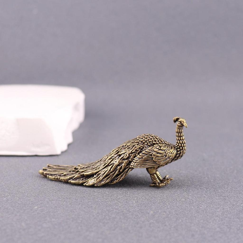 Solid Brass Peacock Ornament: Long-Tailed Desktop Handle, Tea Ceremony Pet, Cast Bronze Ware, Micro Landscape Piece.