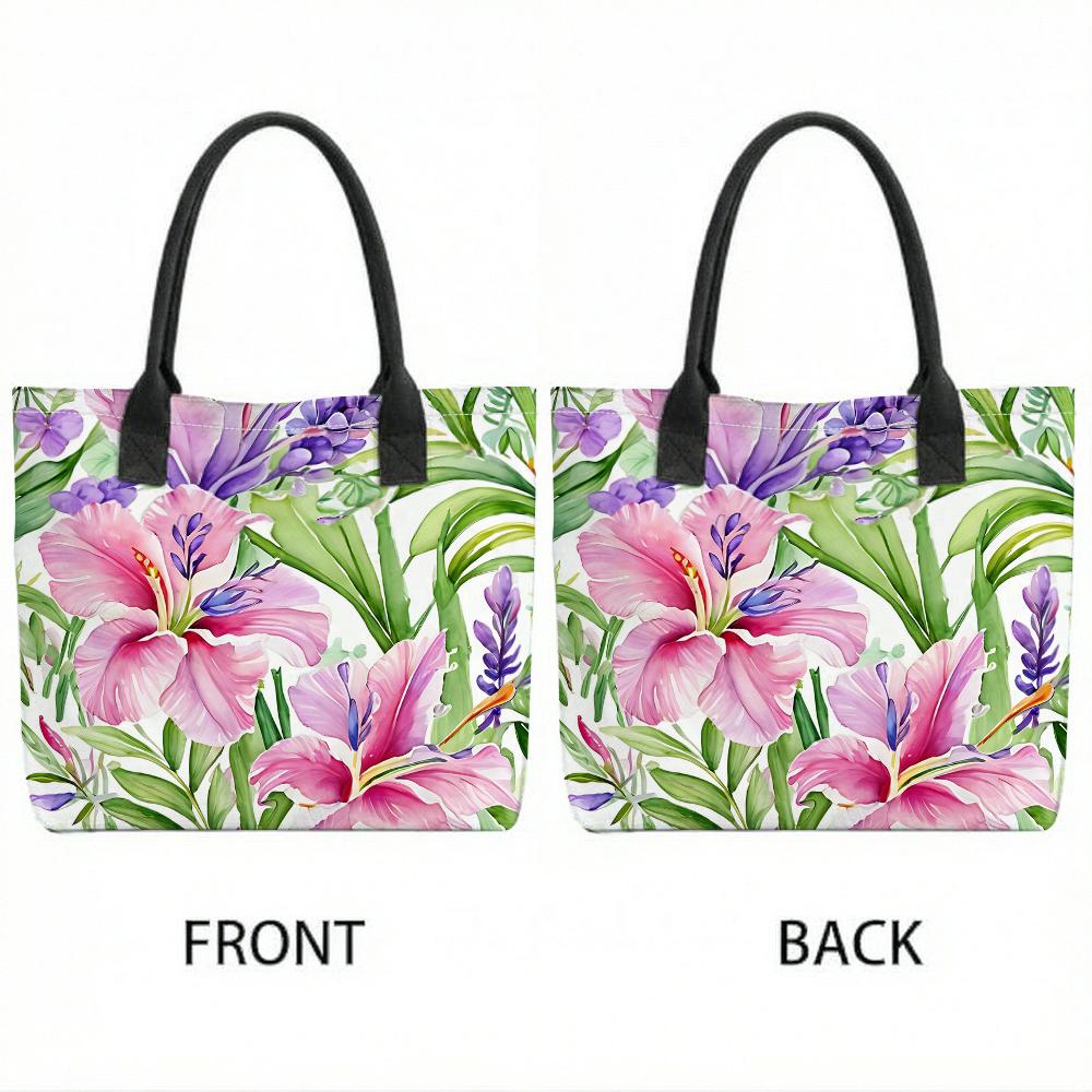  Floral Tote Bag Watercolor Tropical Print Large Capacity Casual Shoulder Bag for Shopping Beach Daily Use