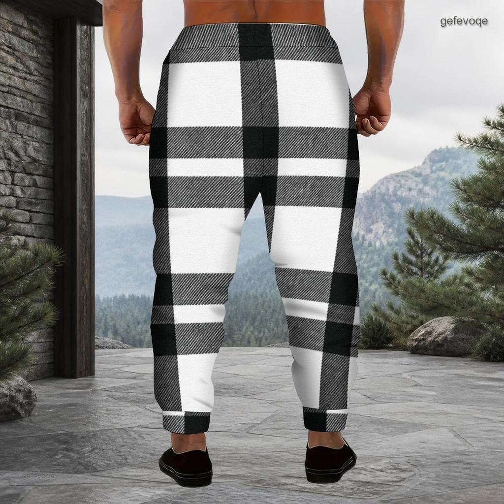 Men s Plus Size Black Grey Plaid Printed Drawstring Waist Cuffed Ankle Jogger Pants