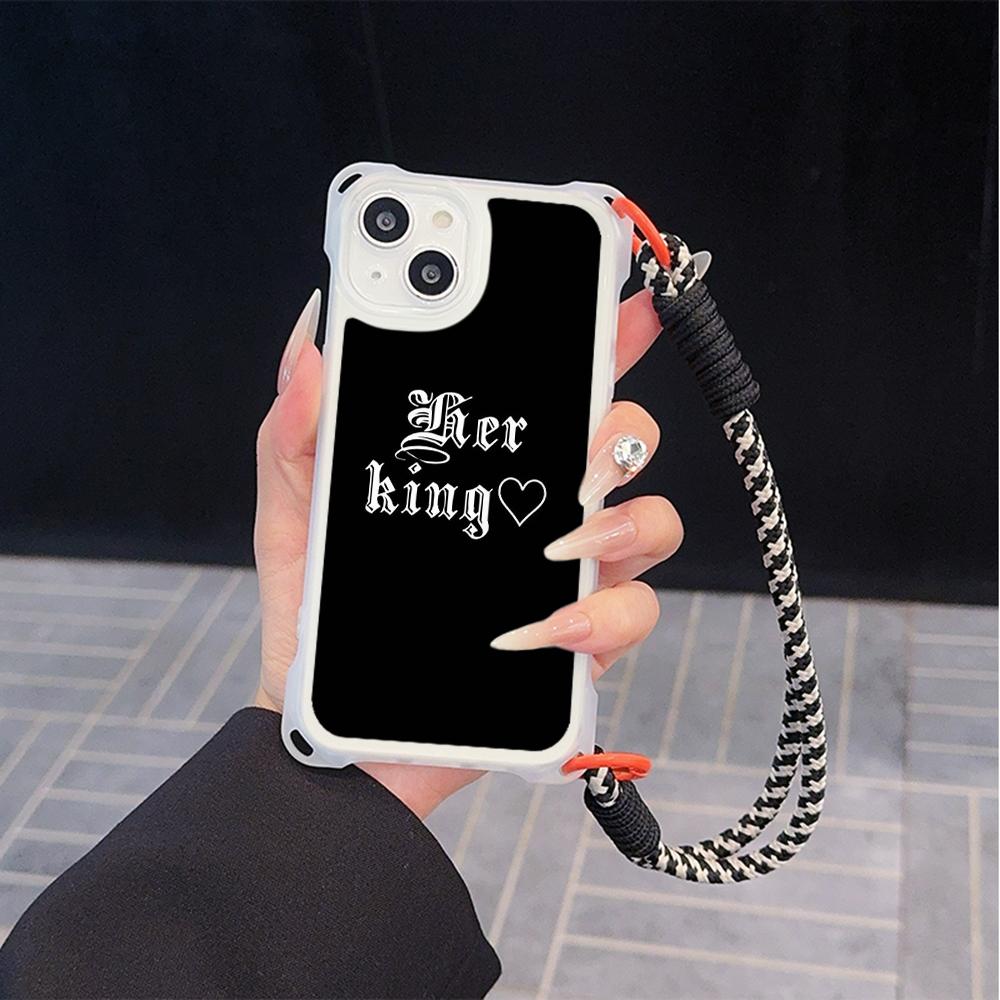 Ae84 King Queen Couple Art Soft Phone Cases for iPhone 16 15 14 13 12 11 Pro Max 8 7 Plus XR XS with Wrist Strap Lanyard Corner Protection Back Cover