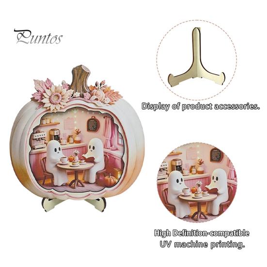 Indoor Fall Seasonal Ornament Halloween Ghost Pumpkin Wooden Plaque, 2D Flat Tabletop Sign, Rustic Farmhouse Autumn Decor Spooky Bathing Reading